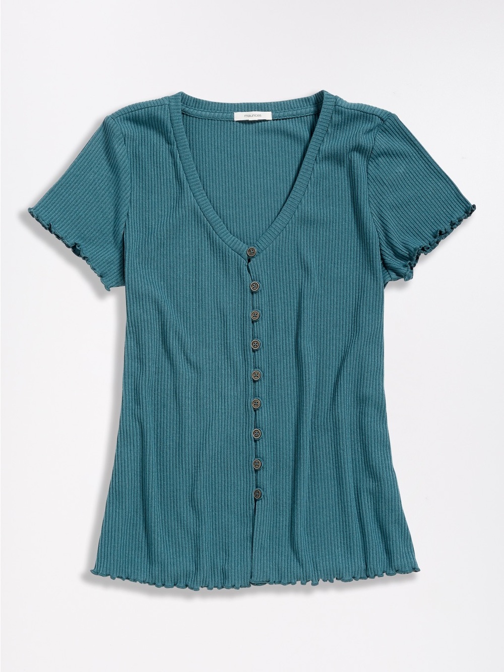 Maurices Solid Button Front Ribbed Top Teal Blue V-neck Ruffle Medium Women’s